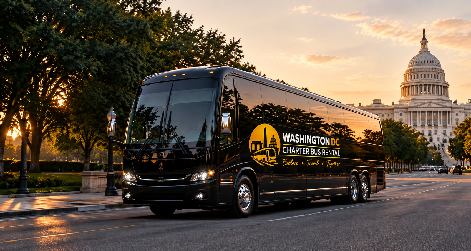 Black charter bus in front of the U.S. Capitol in Washington DC