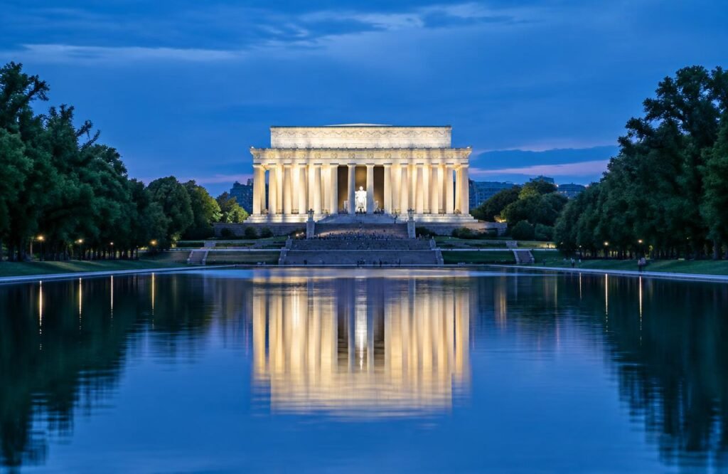 Lincoln Memorial lit at night on a DC monuments night tour