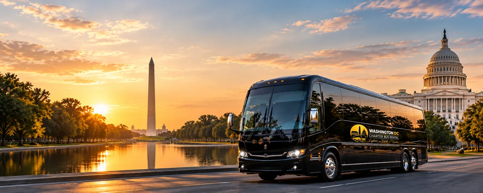 Washington DC charter bus at sunset by the Washington Monument